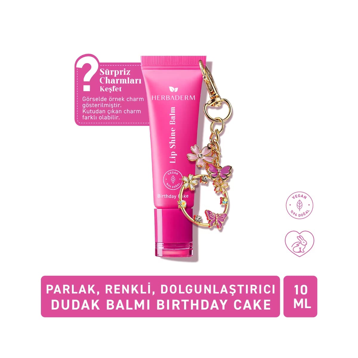 Herbaderm Parlak Dudak Balmı Birthday Cake Aromalı 10 ml (Charm Hediyeli) - Gratis