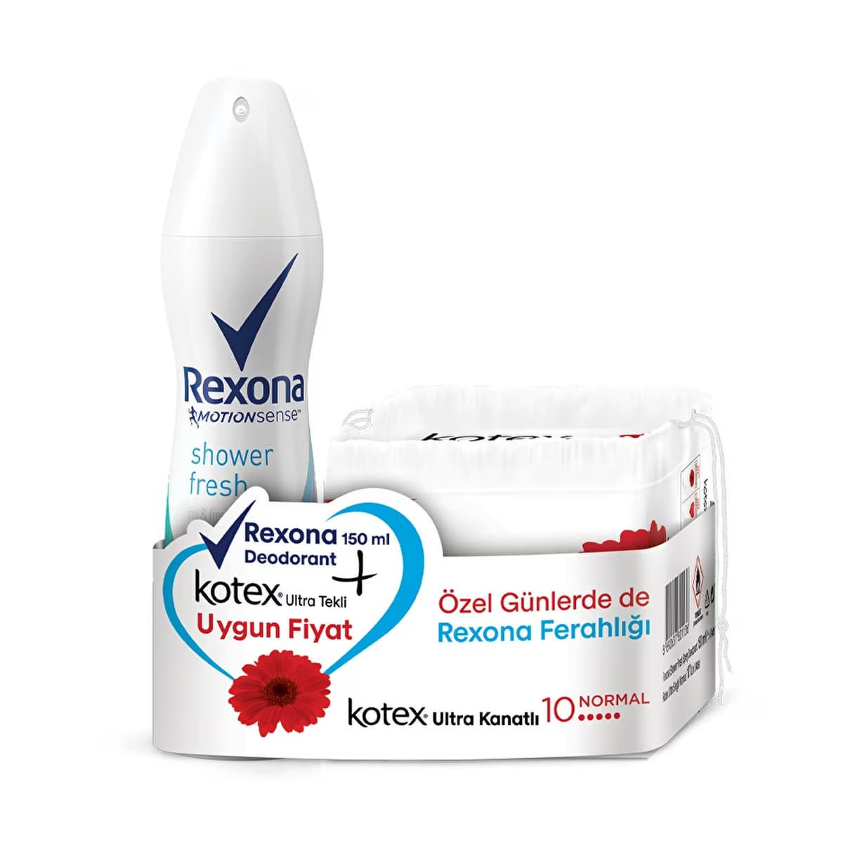 Rexona Shower Fresh Kadın Deodorant Sprey 150 ml + Kotex Ultra Tekli Normal Hijyenik Ped 10'lu - Gratis