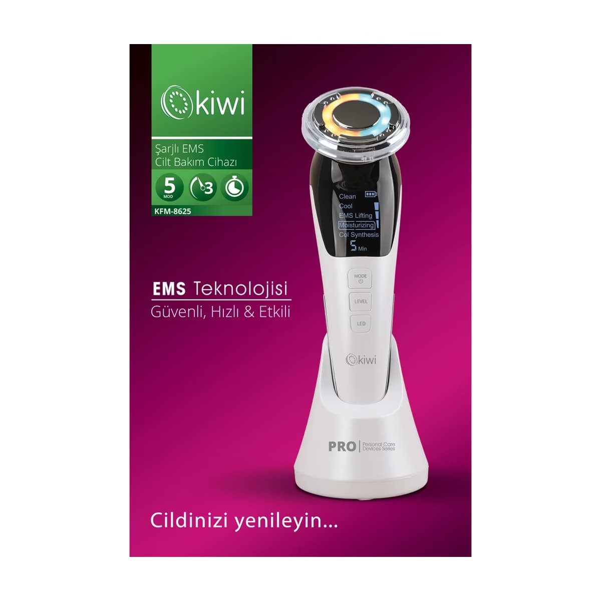 Kiwi Şarjlı Soğuk-Sıcak Kompresli Gerdirme, Nemlendirme, Kolajen Sentezli EMS Cilt Bakım Cihazı KFM- - Gratis