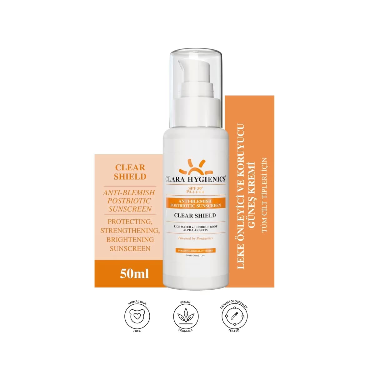 Clara Hygienics Clear Shield 50+SPF Postbiyotik Destekli Leke Önleyici ve Koruyucu Güneş Kremi 50 ml - Gratis