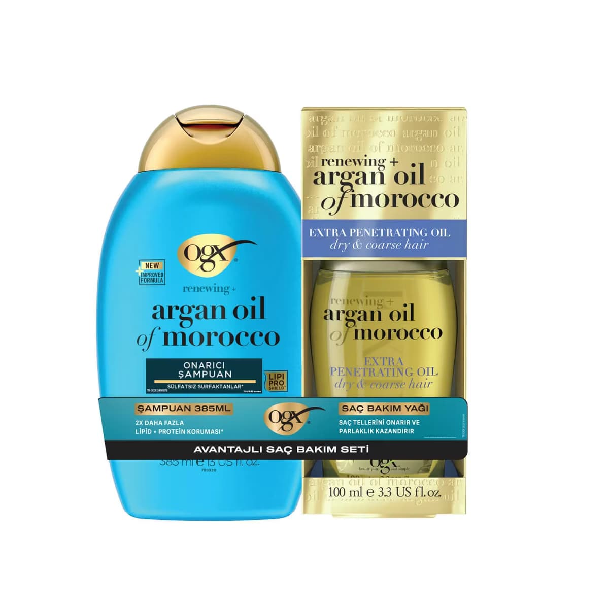 OGX Argan Oil of Morocco Onarıcı Şampuan 385 ml + Argan Oil of Morocco Saç Bakım Yağı 100 ml