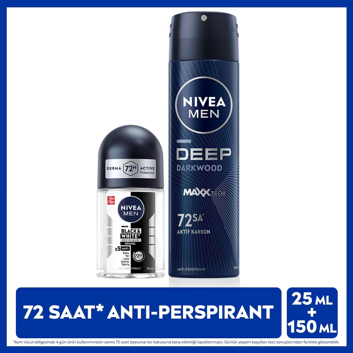 Nivea Men Erkek Sprey Deodorant Deep Dimension 150ml ve Mini Roll-on Black&White Invisible Original 25ml, 72 Saat Anti-perspirant