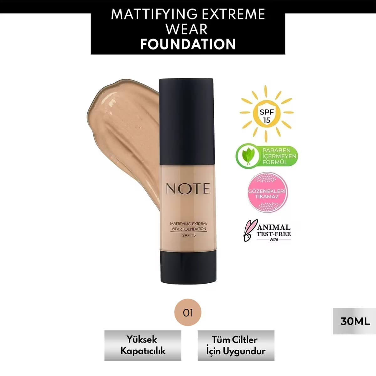Note Mattifying Extreme Wear Fondöten No: 01 Beige