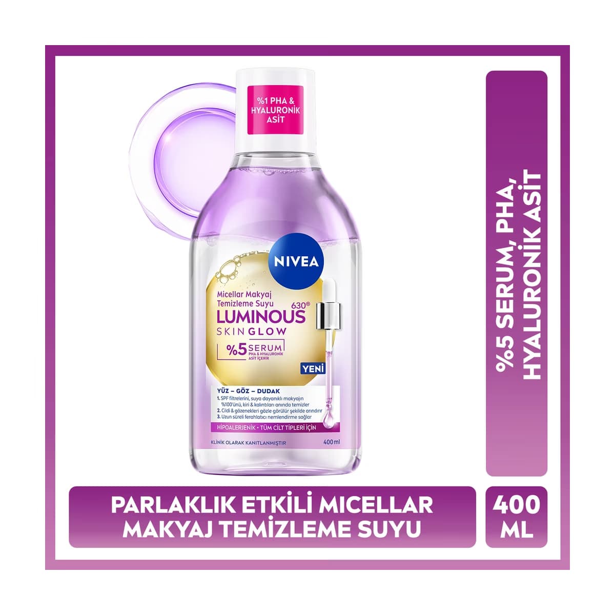 Nivea Luminous630 Skin Glow Parlaklık Etkili Micellar Makyaj Temizleme Suyu 400 ml - Gratis