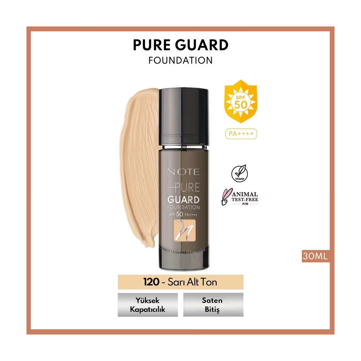 Note Pure Guard Foundation 120 Golden Beige SPF 50 Yoğun Kapatıcı Saten Bitişli Fondöten
