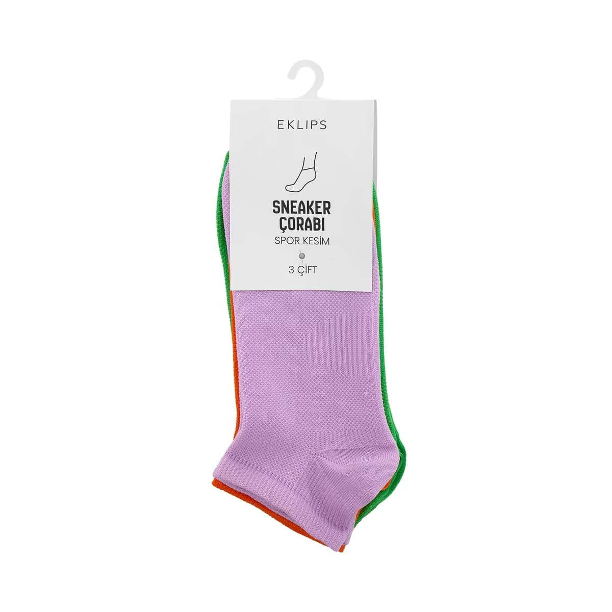 Eklips 3'lü Renkli Unisex Sporcu Sneaker Çorap Turuncu Lila Yeşil