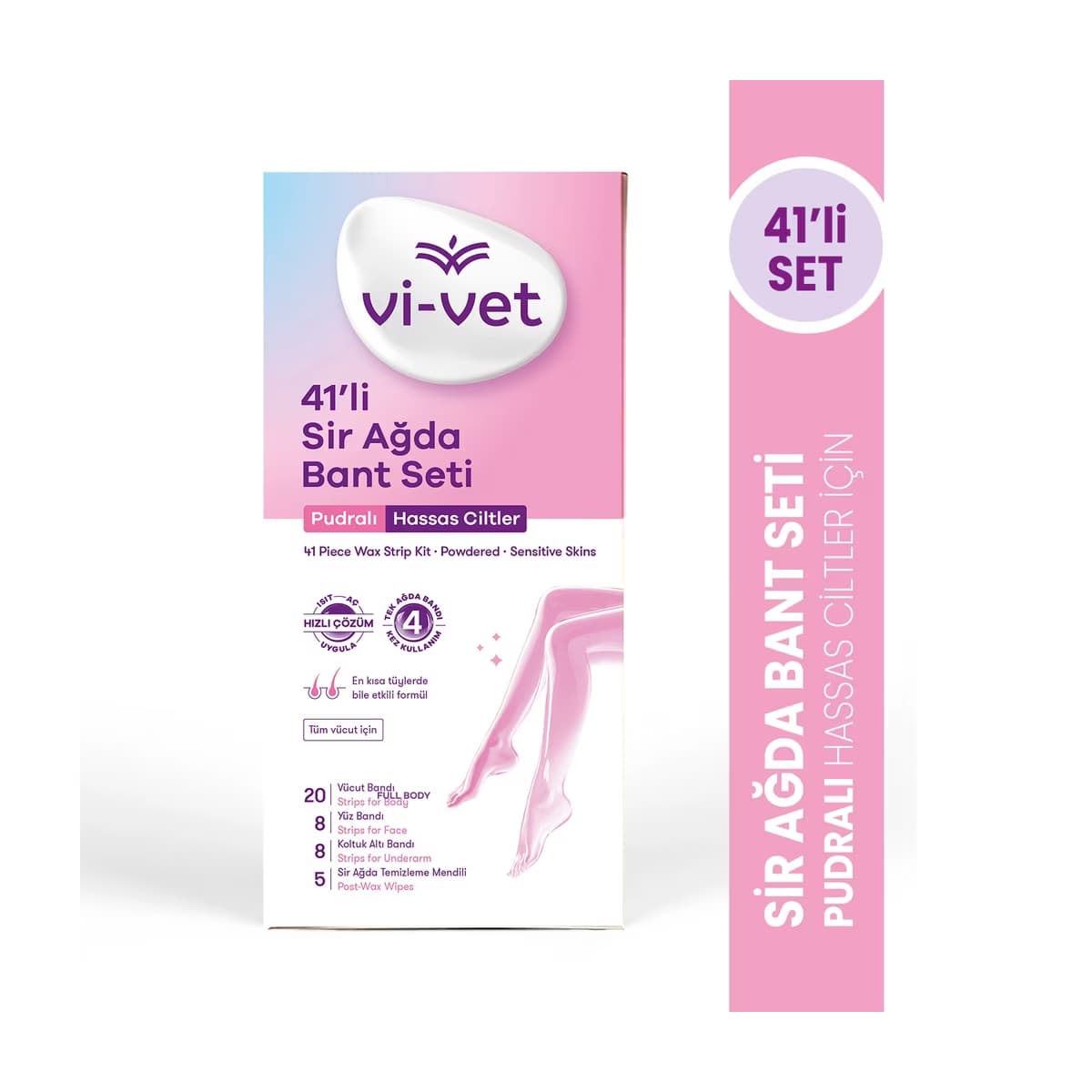Vi-Vet Sir Ağda Bant Seti Pudralı 41'li (20 Vücut Bandı + 8 Yüz Bandı + 8 Koltuk Altı Bandı + 5 Temizleme Mendili)